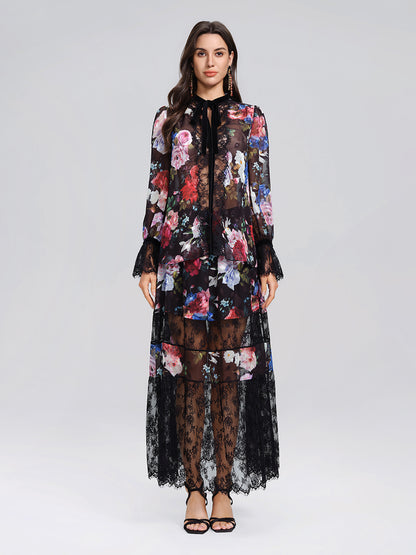 Oil Rose Print Lace Trim Blouse