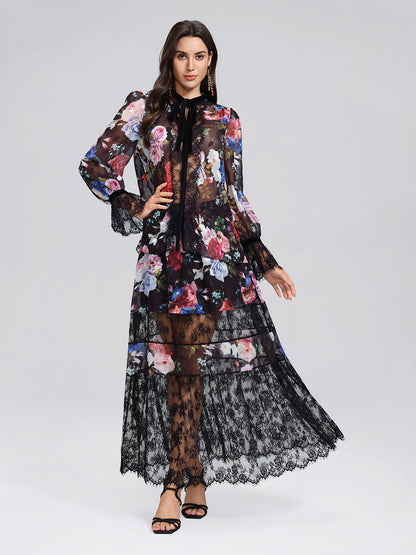 Oil Rose Print Lace Trim Blouse