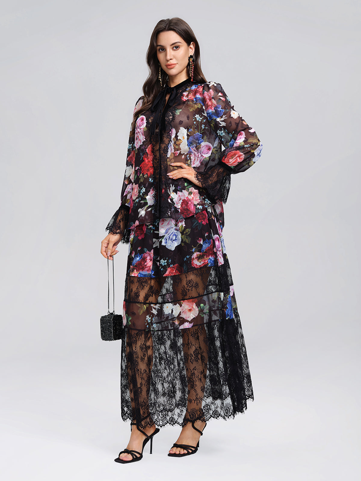 Oil Rose Print Lace Trim Blouse