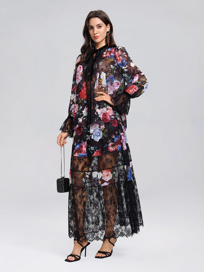 Oil Rose Print Lace Trim Blouse