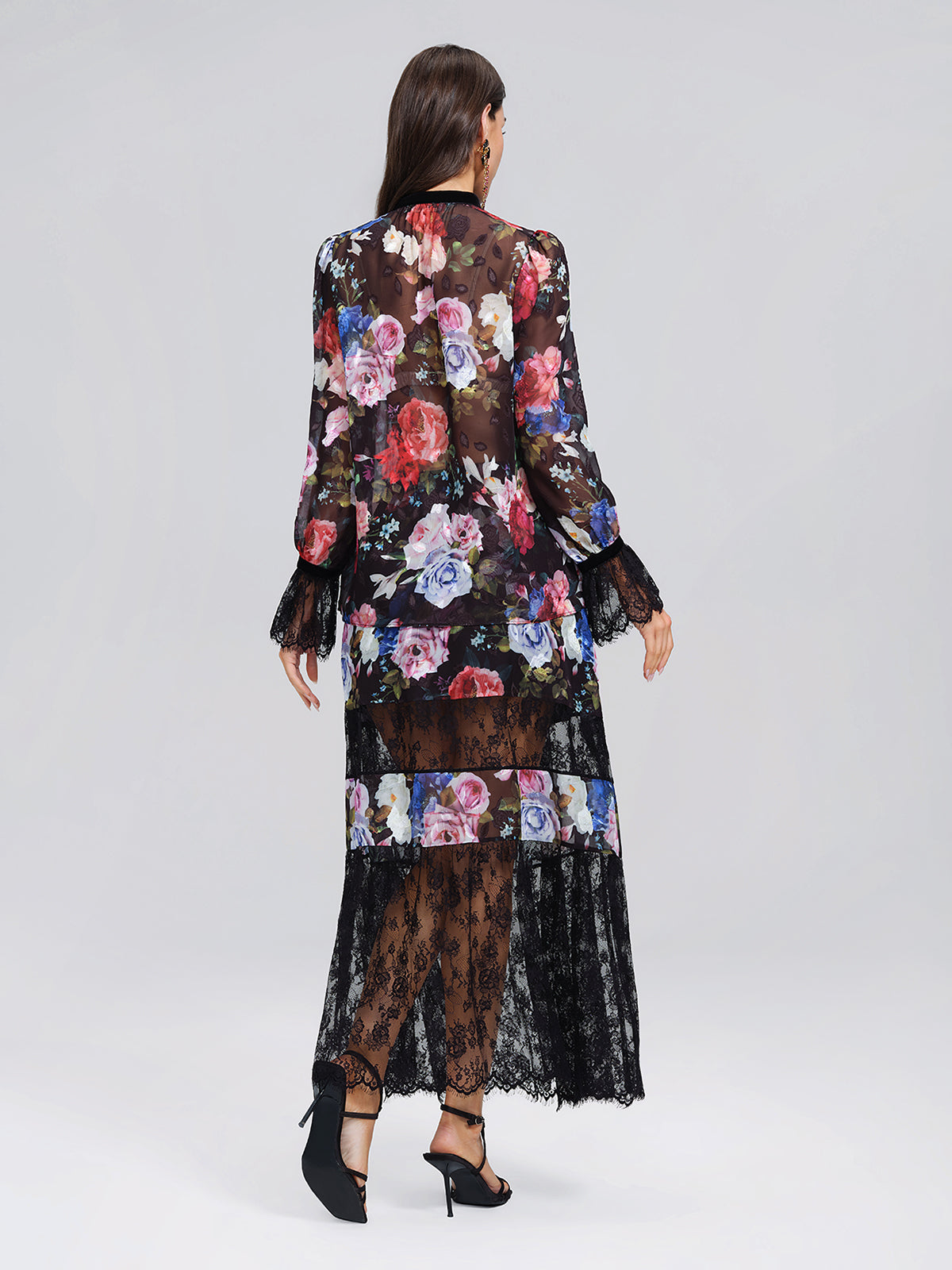 Oil Rose Print Lace Trim Blouse