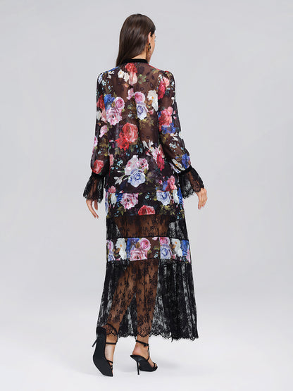 Oil Rose Print Lace Trim Blouse