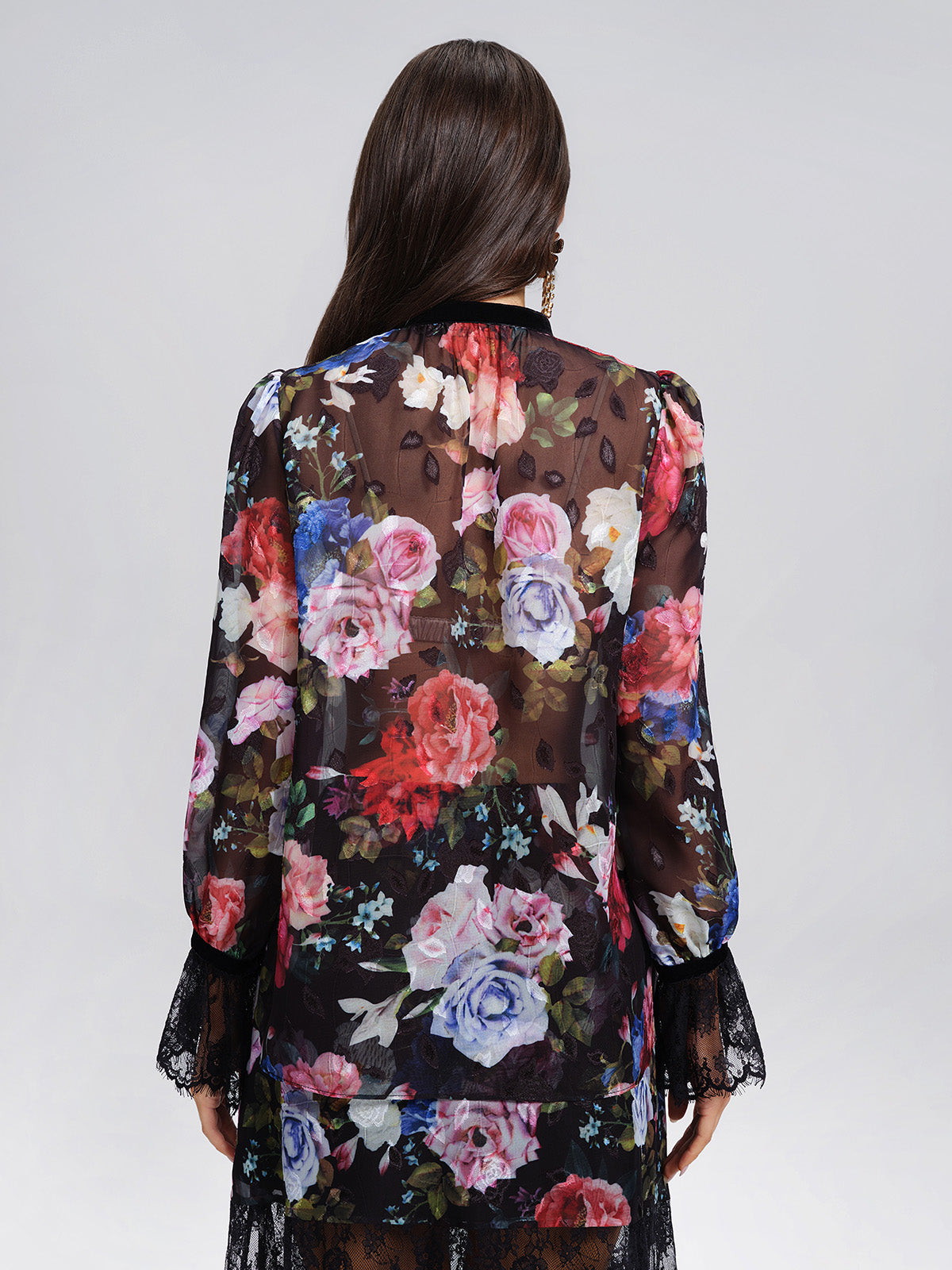 Oil Rose Print Lace Trim Blouse