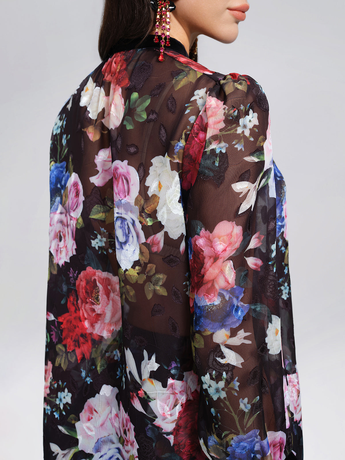 Oil Rose Print Lace Trim Blouse