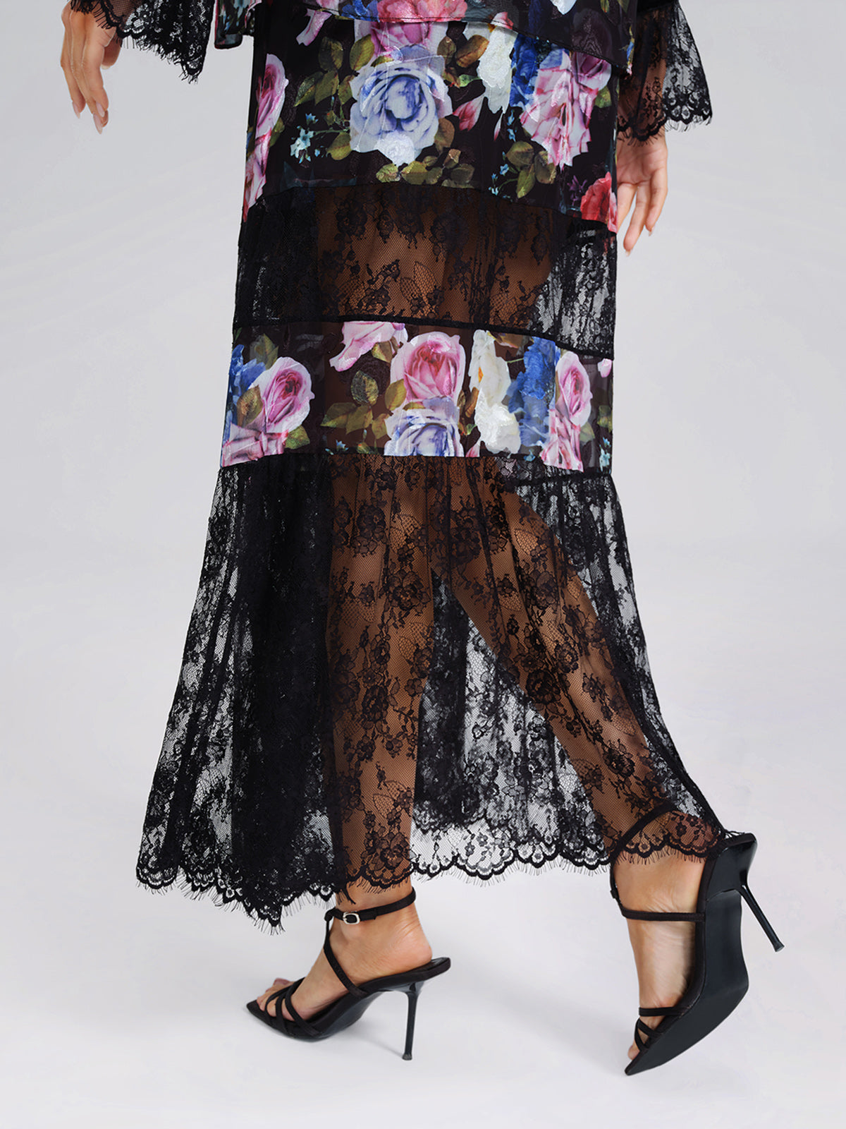 Oil Rose Print Lace Mesh Skirt