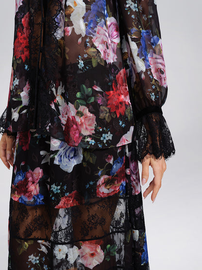 Oil Rose Print Lace Trim Blouse