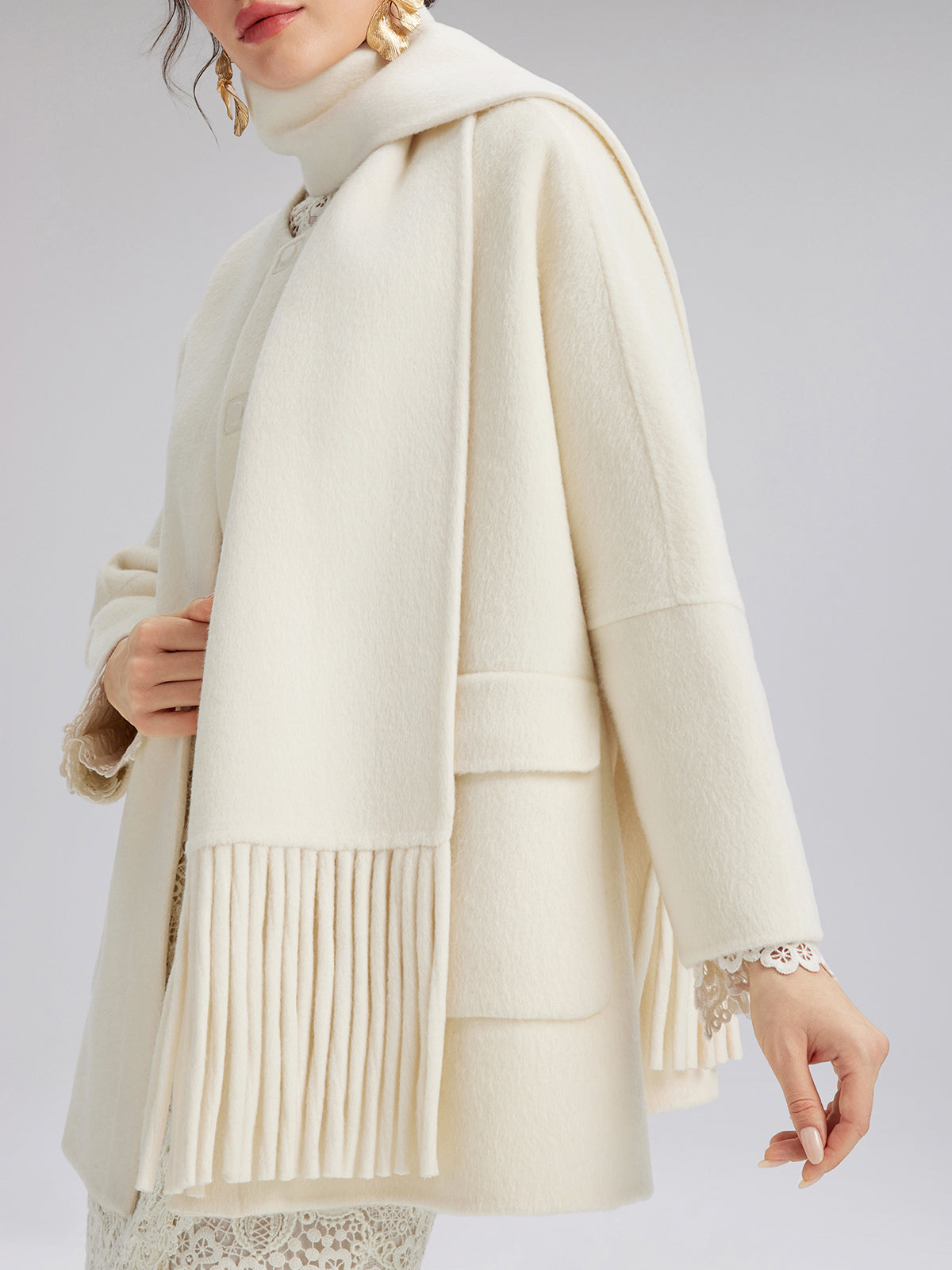 Double-Faced Wool Coat (Fringe Scarf Included)