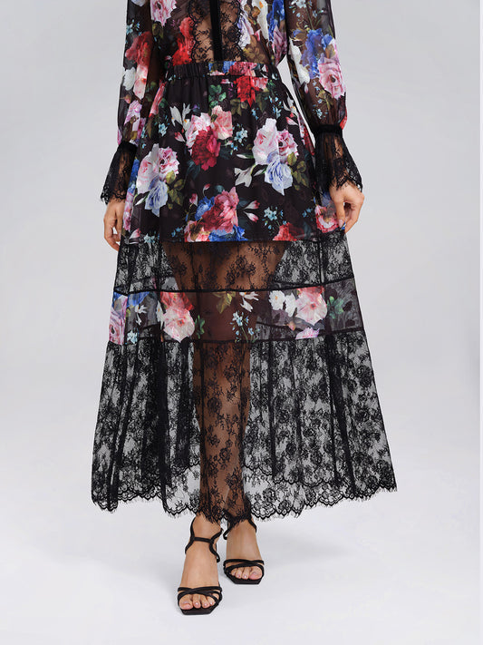Oil Rose Print Lace Mesh Skirt