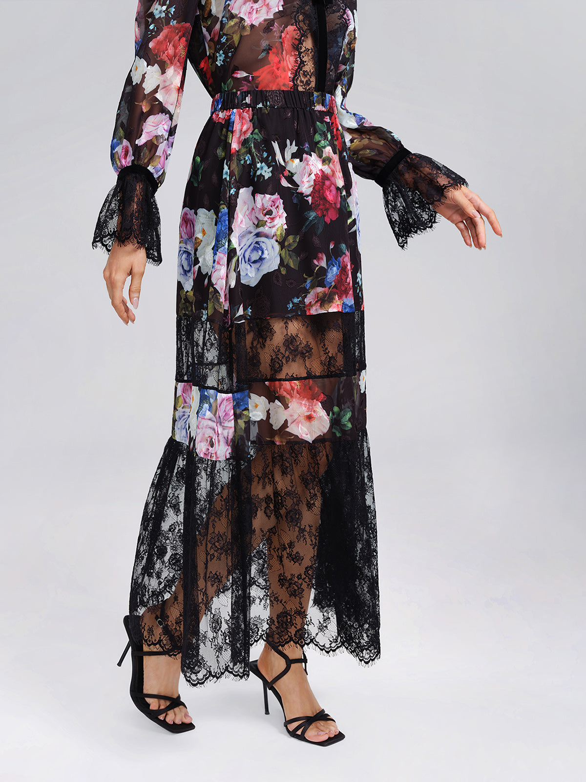 Oil Rose Print Lace Mesh Skirt