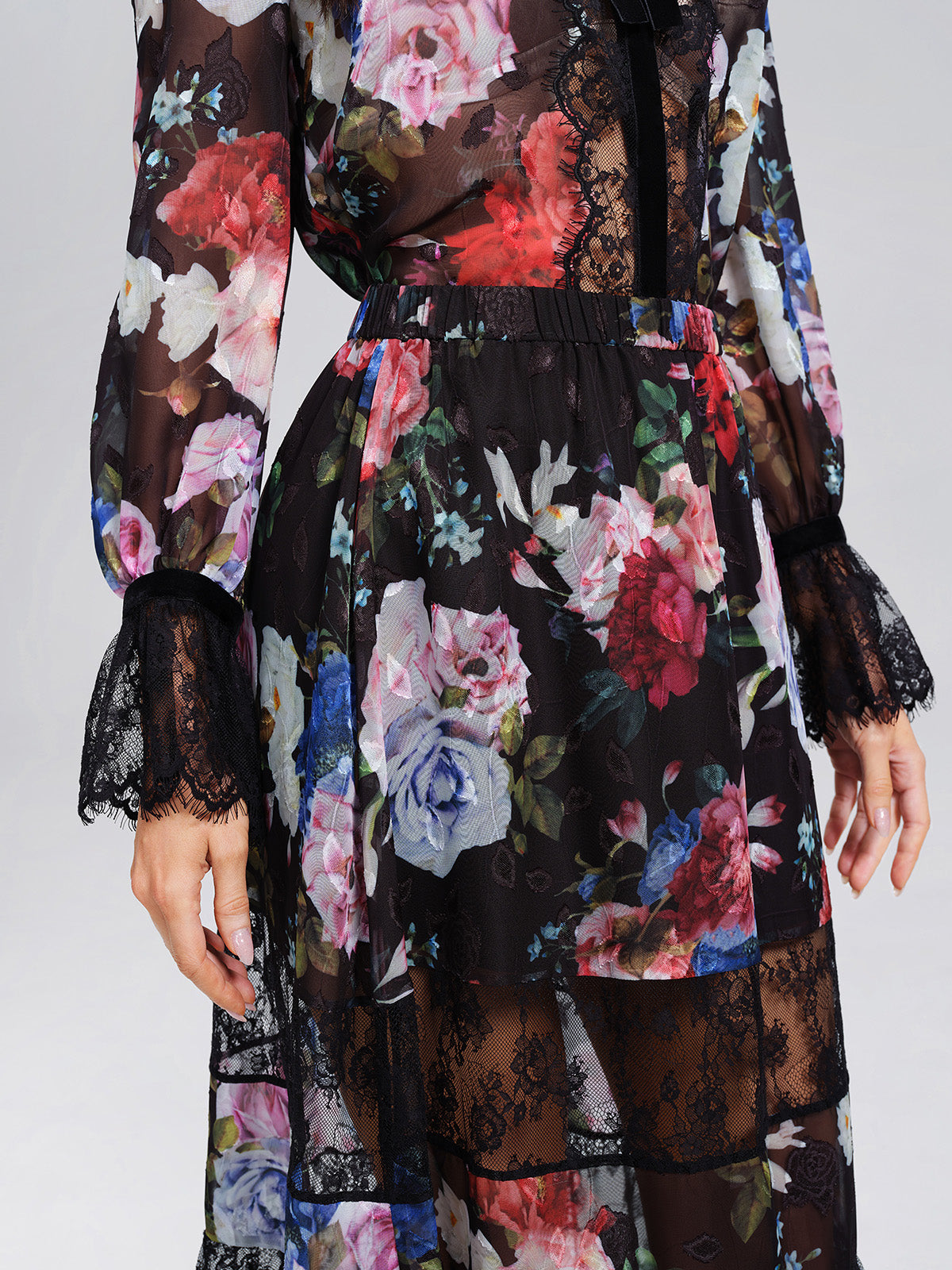 Oil Rose Print Lace Mesh Skirt