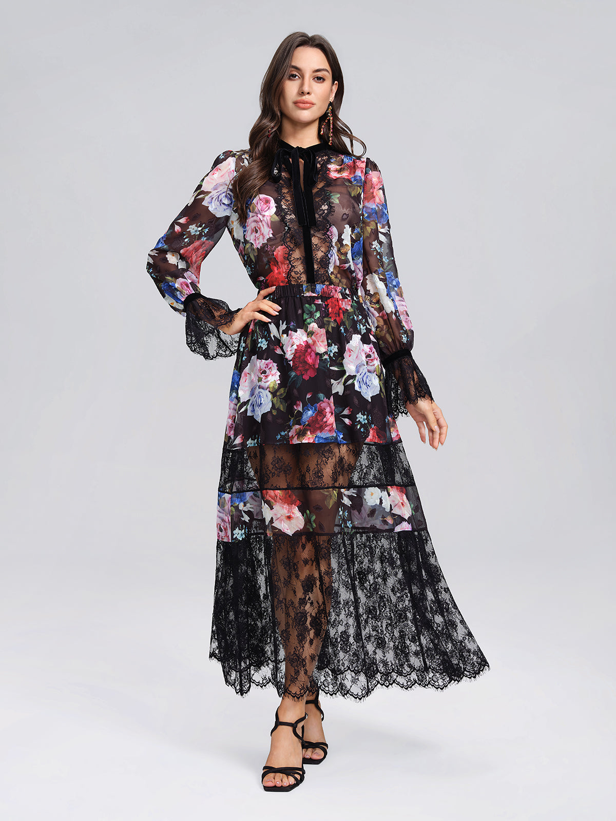 Oil Rose Print Lace Trim Blouse