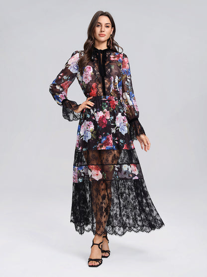 Oil Rose Print Lace Trim Blouse