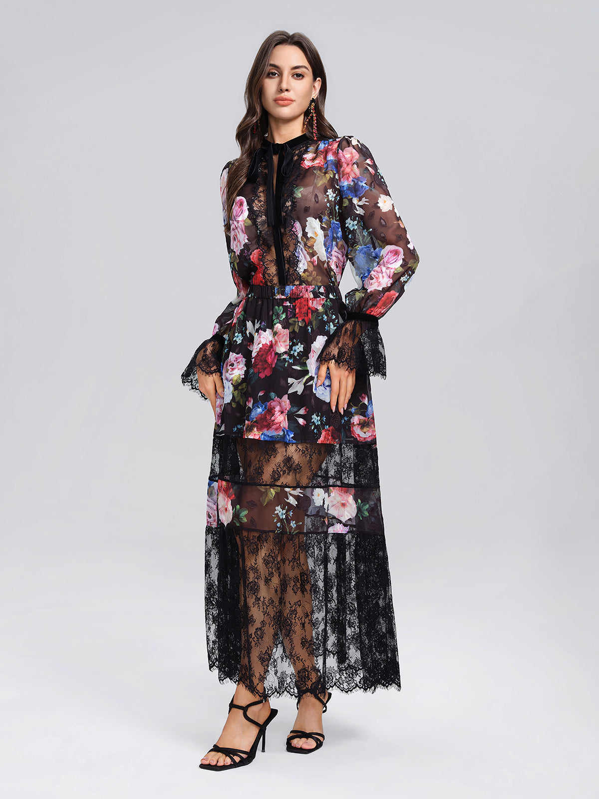 Oil Rose Print Lace Trim Blouse