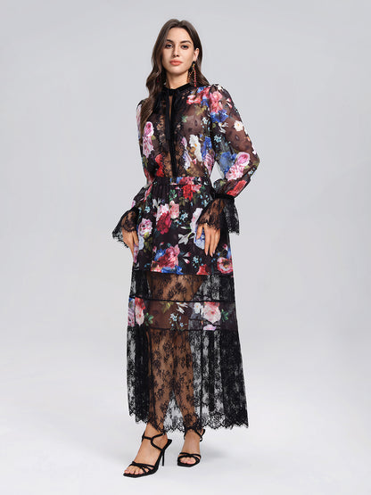 Oil Rose Print Lace Trim Blouse