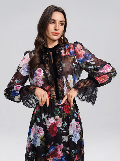 Oil Rose Print Lace Trim Blouse