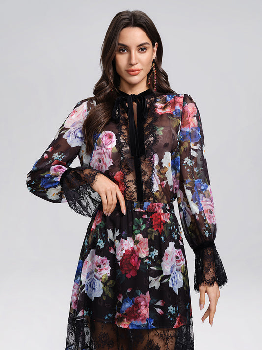 Oil Rose Print Lace Trim Blouse