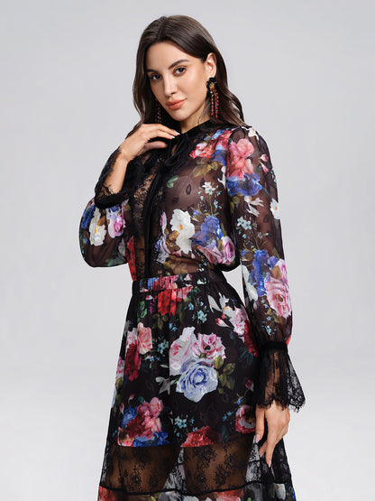 Oil Rose Print Lace Trim Blouse