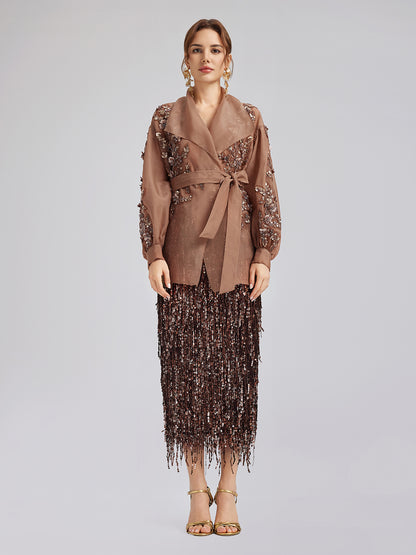 Silk Organza Sequin Appliqué Jacket (Two Belts Included)