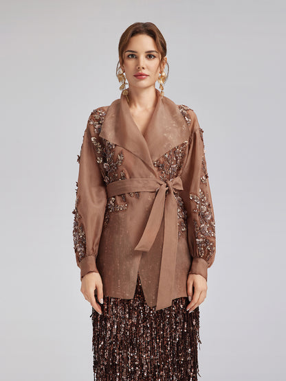 Silk Organza Sequin Appliqué Jacket (Two Belts Included)
