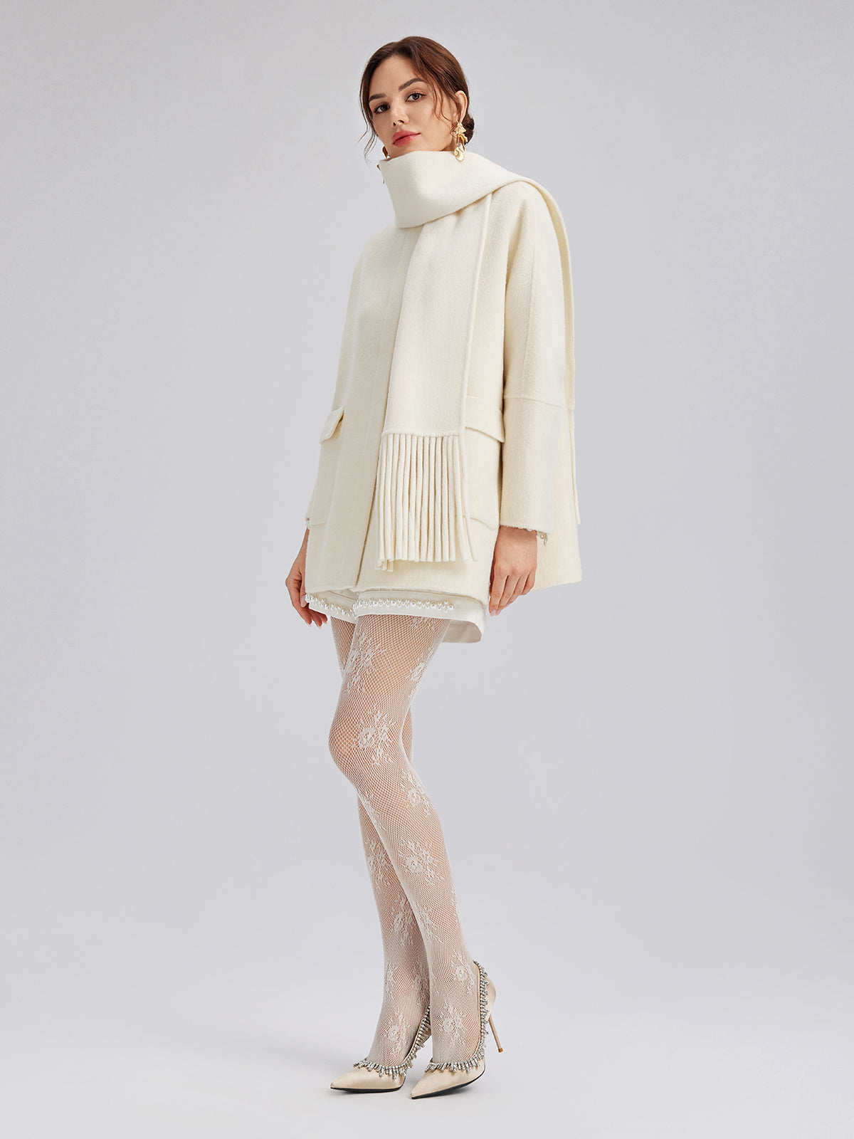 Double-Faced Wool Coat (Fringe Scarf Included)