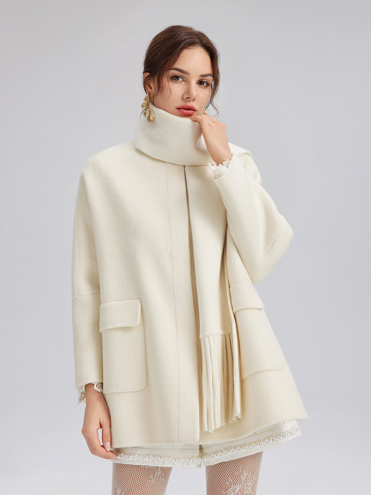 Double-Faced Wool Coat (Fringe Scarf Included)
