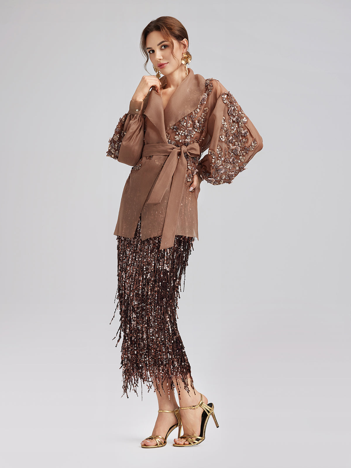 Silk Organza Sequin Appliqué Jacket (Two Belts Included)