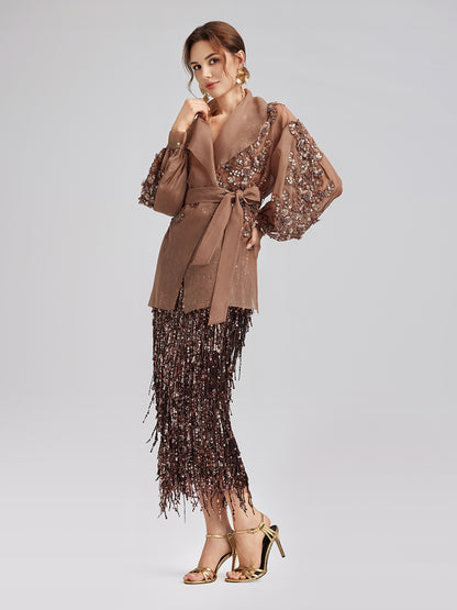 Silk Organza Sequin Appliqué Jacket (Two Belts Included)