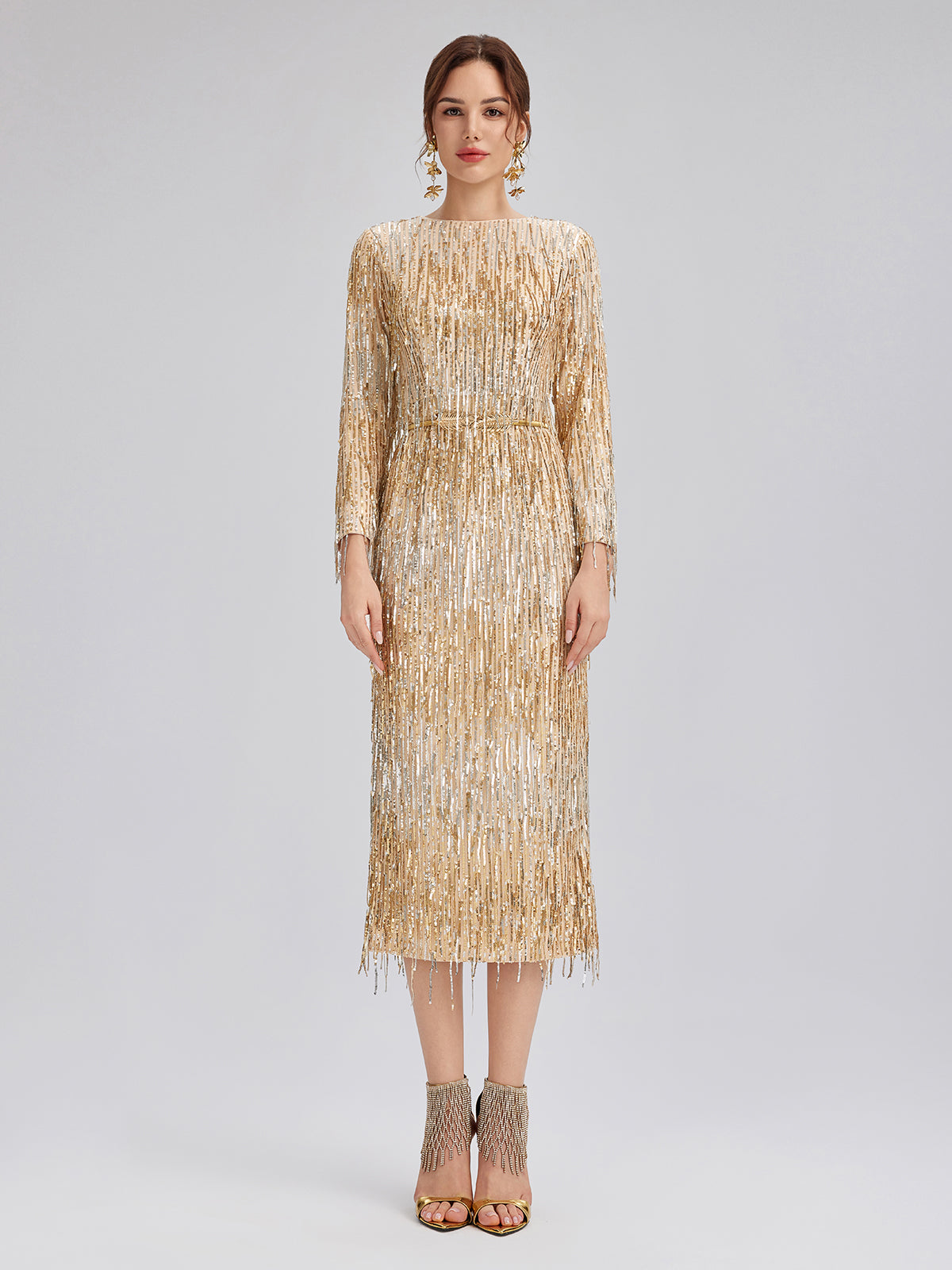 Gradient Sequin Fringe Long-Sleeve Dress
