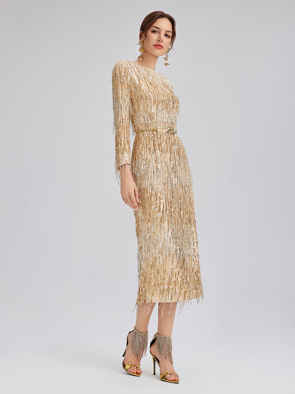 Gradient Sequin Fringe Long-Sleeve Dress