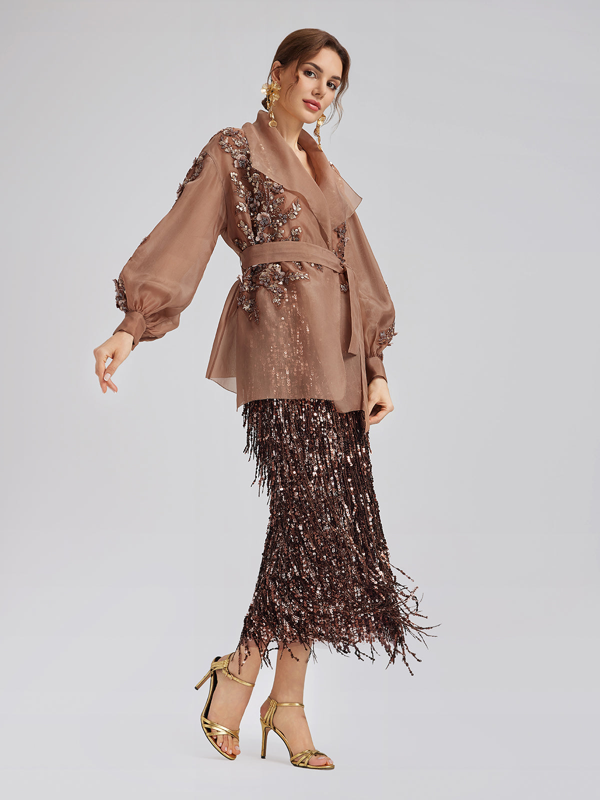 Silk Organza Sequin Appliqué Jacket (Two Belts Included)