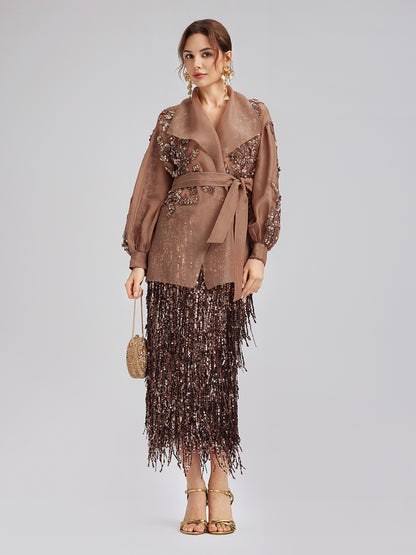 Silk Organza Sequin Appliqué Jacket (Two Belts Included)