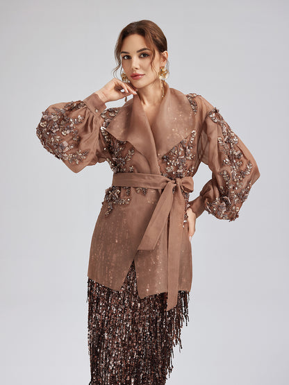 Silk Organza Sequin Appliqué Jacket (Two Belts Included)