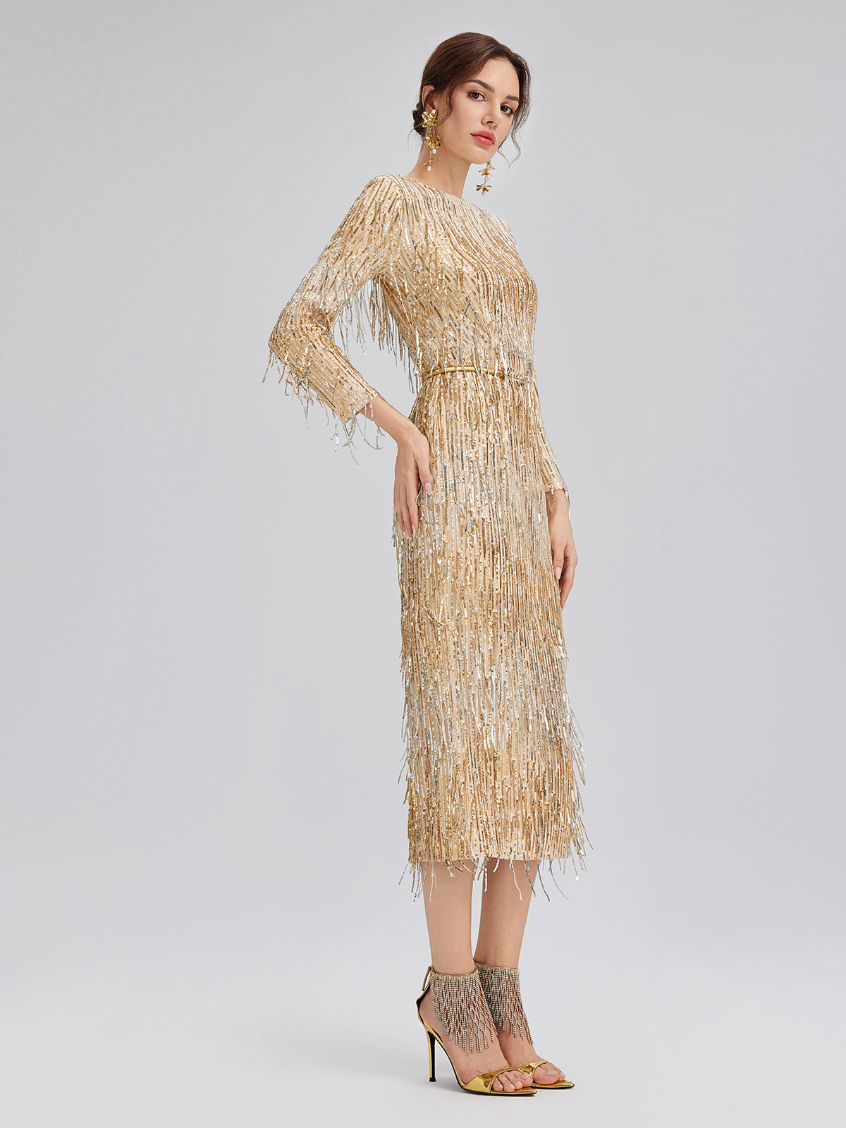 Gradient Sequin Fringe Long-Sleeve Dress