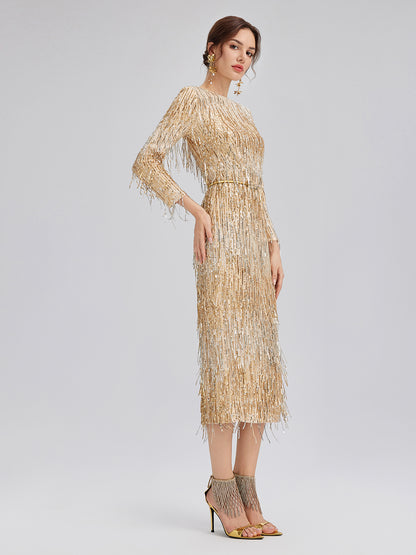 Gradient Sequin Fringe Long-Sleeve Dress