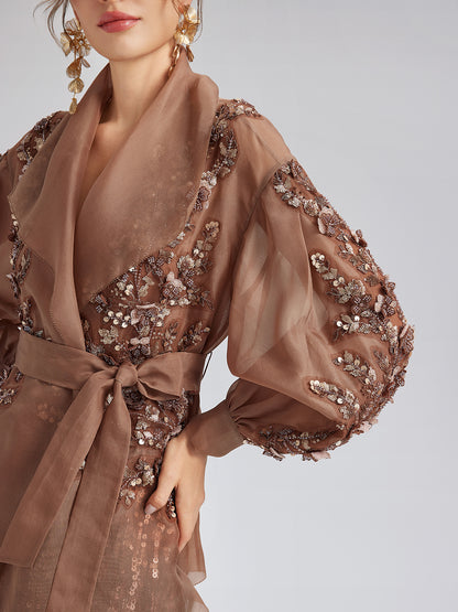 Silk Organza Sequin Appliqué Jacket (Two Belts Included)