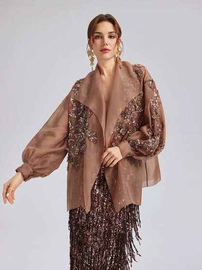 Silk Organza Sequin Appliqué Jacket (Two Belts Included)