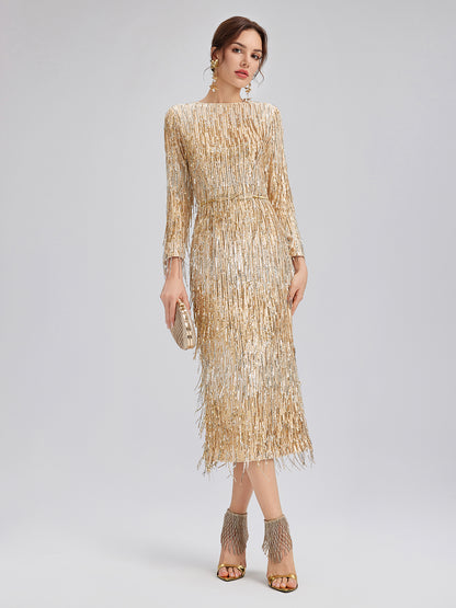 Gradient Sequin Fringe Long-Sleeve Dress