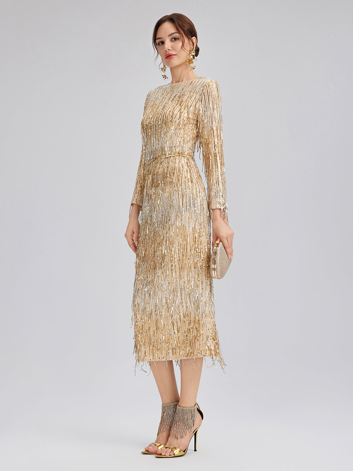 Gradient Sequin Fringe Long-Sleeve Dress