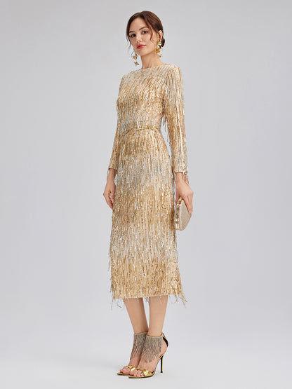 Gradient Sequin Fringe Long-Sleeve Dress