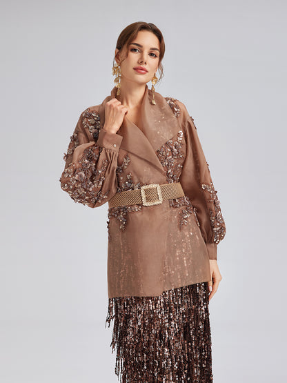 Silk Organza Sequin Appliqué Jacket (Two Belts Included)