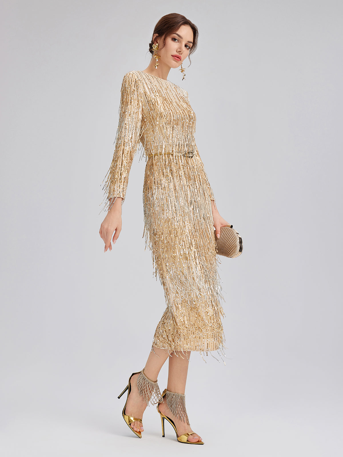Gradient Sequin Fringe Long-Sleeve Dress