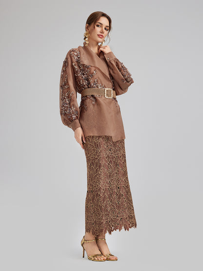 Silk Organza Sequin Appliqué Jacket (Two Belts Included)