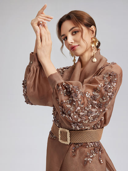 Silk Organza Sequin Appliqué Jacket (Two Belts Included)