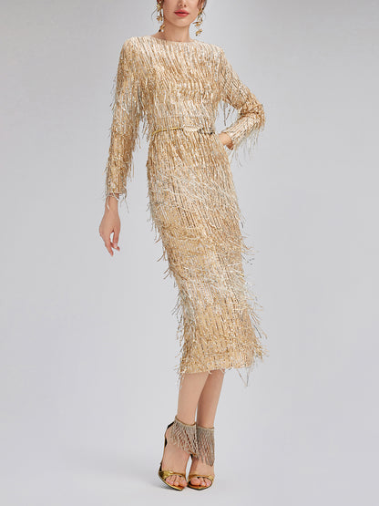 Gradient Sequin Fringe Long-Sleeve Dress