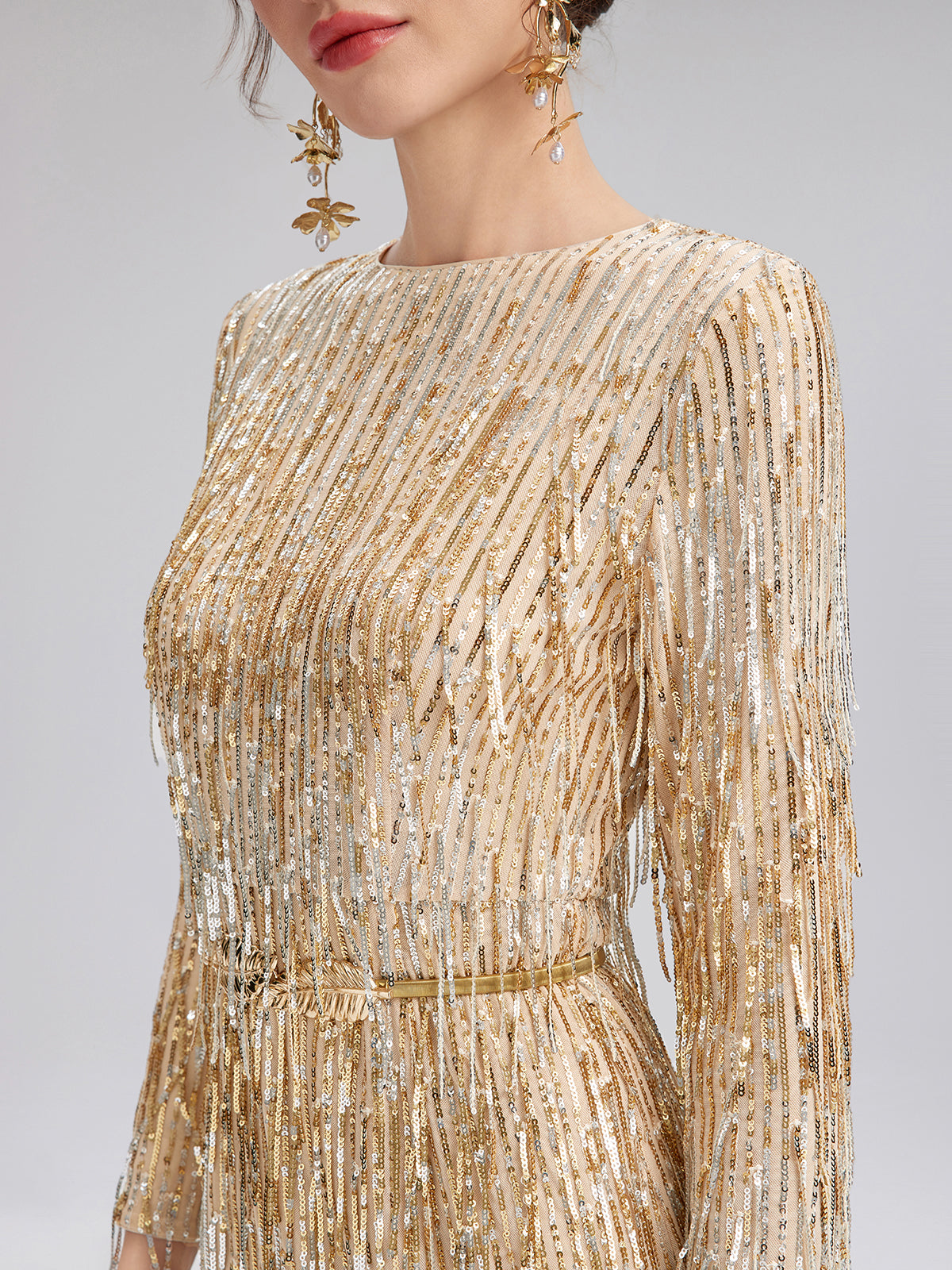 Gradient Sequin Fringe Long-Sleeve Dress