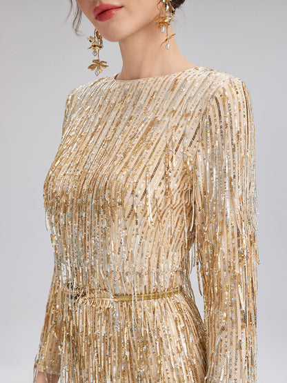 Gradient Sequin Fringe Long-Sleeve Dress