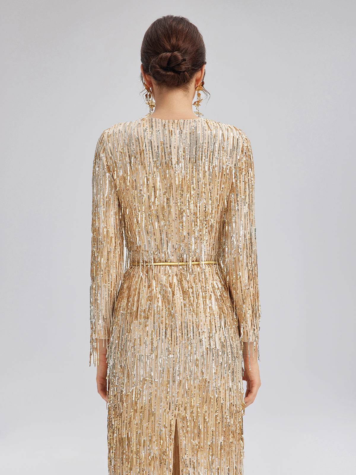 Gradient Sequin Fringe Long-Sleeve Dress