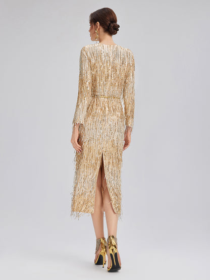 Gradient Sequin Fringe Long-Sleeve Dress