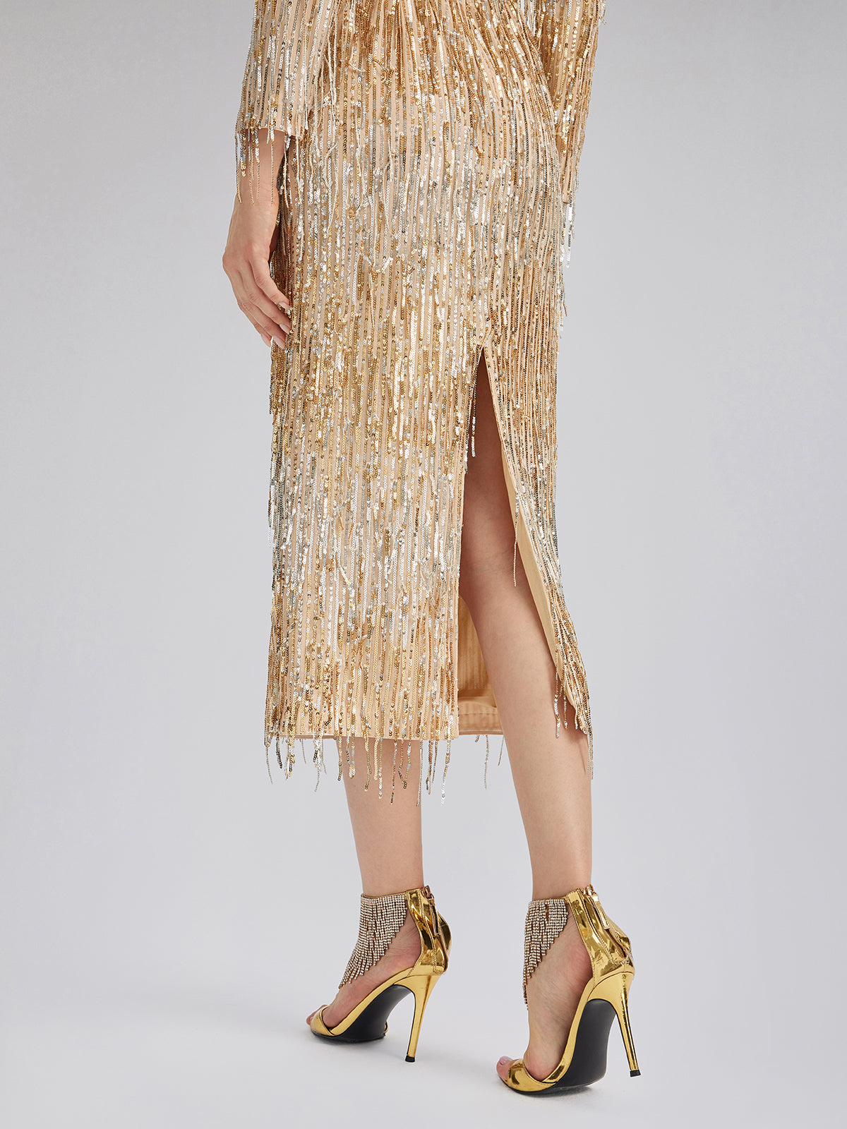 Gradient Sequin Fringe Long-Sleeve Dress