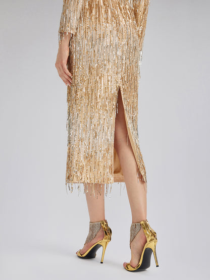 Gradient Sequin Fringe Long-Sleeve Dress